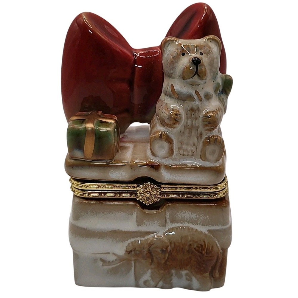 Vintage Porcelain Trinket Box Hinged with Teddy Bear Elephant Red Bow Four Inch
